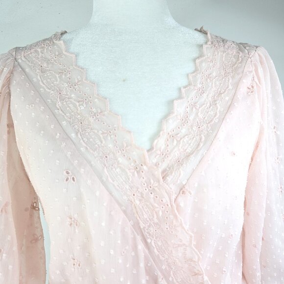 Express Surplice Blush Pink Eyelet Lace Wrap Long Sleeve Bodysuit Top - Picture 5 of 13